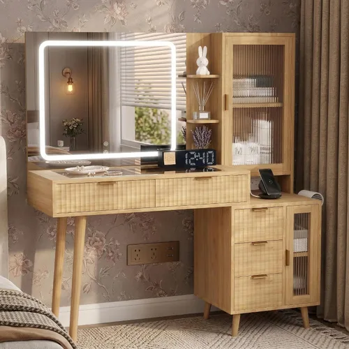 Escritorio de tocador de madera de 49 pulgadas con espejo y luces, mesa de tocador de maquillaje bohemia acanalada con parte superior de vidrio