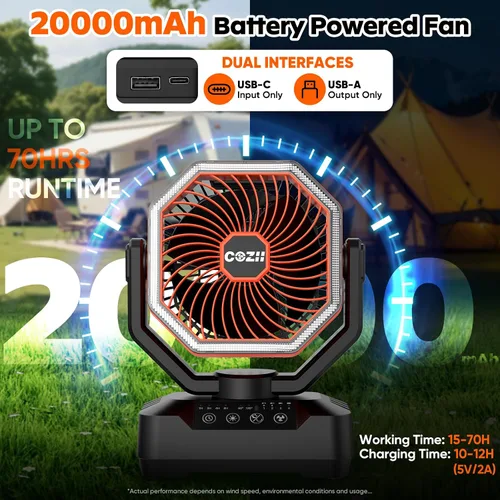 Miniatura 3 de COZII Ventilador portátil recargable, ventilador de batería de 20000 mAh de hasta 70 horas de funcionamiento, ventilador de campamento con luz LED