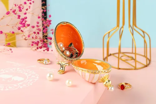 Miniatura 18 de Cajas de joyería con forma de huevo de Pascua azul con bisagras con diamantes de imitación en forma de amor, esmalte de regalo para mujeres
