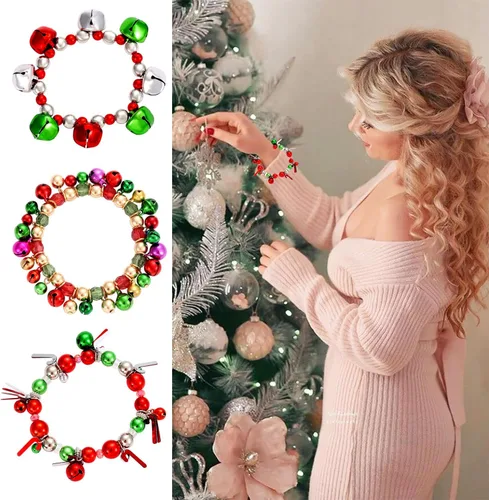 Miniatura 7 de 3pcs Christmas Jingle Bell Bracelets Xmas Multi Color Beaded Charm Stretch Bracelet Christmas Holiday Party Favors for Women Jewelry Gift