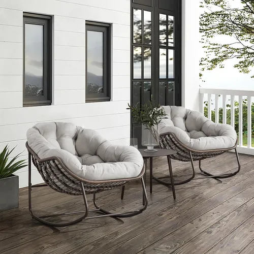 Miniatura 9 de Mecedora para patio al aire libre, cómoda silla mecedora de mimbre con cojín acolchado, silla de ratán de gran tamaño con marco de acero sólido