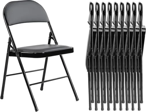 Miniatura 8 de Paquete de 2 sillas plegables, silla comercial apilable portátil, silla de cuero acolchada para interiores y exteriores con marco de metal Negro