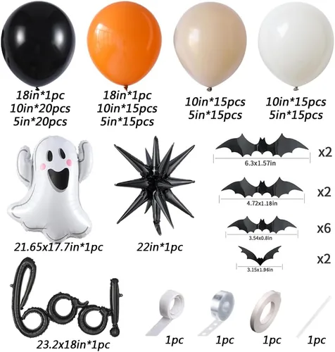 Miniatura 2 de Kit de arco de guirnalda de globos de Halloween Little BOO, 151 piezas de globos de látex blanco retro naranja quemado negro con globo de aluminio