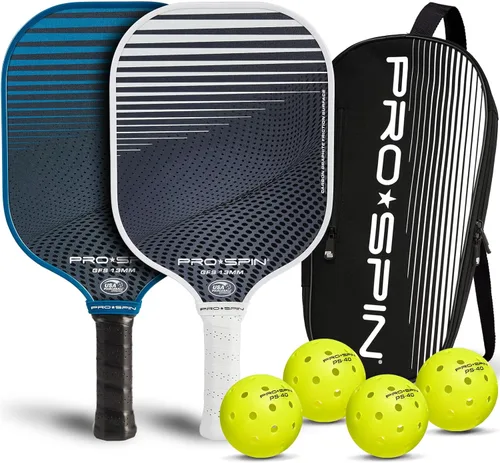 PRO-SPIN Paletas de pickleball de fibra de carbono, juego de 2 con bolas para interiores y exteriores, bolsa o 1 paquete con cubierta, regalo Set