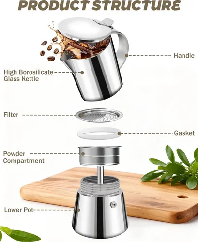Miniatura 3 de Cafetera Express de acero inoxidable 304, 2 tazas de 3.3 oz/3.4 fl oz, cafetera italiana para el hogar, cocina y campamento, todas las estufas
