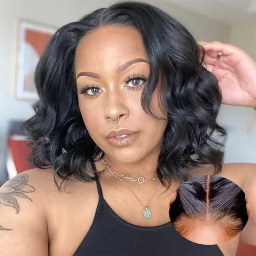 Miniatura 13 de Peluca de Cabello Humano con Corte Pixie Bob Sin Pegamento Pre Desplumada Pre Cortada Húmeda y Ondulada Pelucas de Encaje Frontal para Mujeres