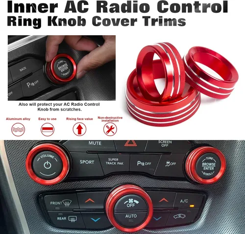 Miniatura 4 de x xotic tech 3 piezas de aluminio rojo CA interruptor de volumen botón de control de botón de control de anillo cubierta compatible con Dodge