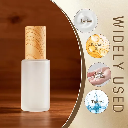 Miniatura 4 de Paquete de 3 botellas vacías de loción de vidrio esmerilado de 1.0 fl oz / 1 onza líquida con bomba de plástico de grano de madera, contenedor