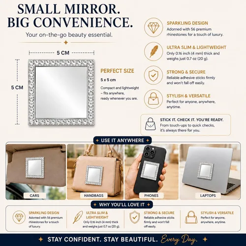 Miniatura 8 de Wireless City Espejo cuadrado para teléfono, espejo de maquillaje con diamantes dorados con circonita cúbica, adhesivo de espejo de 2.0 in