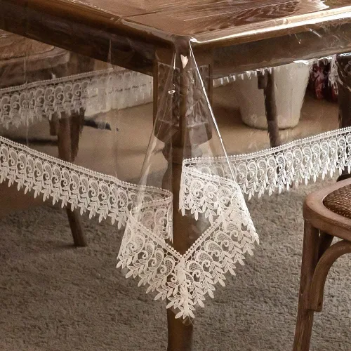 Miniatura 10 de ARTABLE Mantel rectangular de vinilo de PVC, impermeable, transparente, con borde de macramé de encaje champán, para boda, cocina, hogar