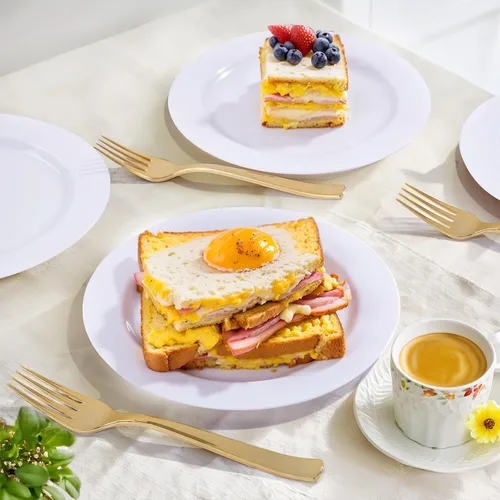 Miniatura 4 de WELLIFE 100 platos de postre de plástico blanco y 100 tenedores desechables dorados, plato duro de postre de alta calidad de 7.5 pulgadas, platos