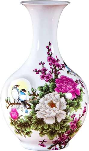 Miniatura 16 de Jarrón de cerámica blanco chino, Jingdezhen Birds Peony Flower Jarrones de porcelana blanca Decoración para el hogar B5