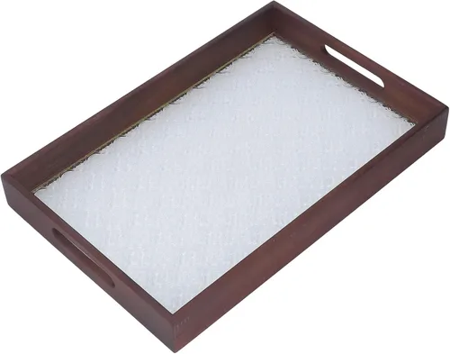Miniatura 3 de Walnut Wood Serving Tray, Rectangle Vintage Glass Bottom with Handles, Elegant Kitchen Snack Plate - Multi Purpose, Durable Wood Siding, Ideal for