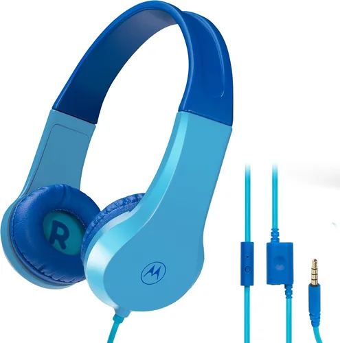 Motorola Sound Moto JR200 - Auriculares para niños con micrófono, audífonos sobre la oreja para niños con límite de volumen seguro de 85 dB, divisor
