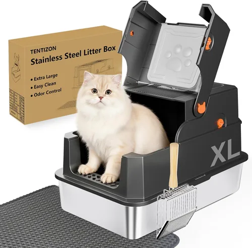 TENTIZON - Caja de arena para gatos de acero inoxidable con tapa, caja de arena grande cerrada con capucha, parte superior abatible, lado alto,