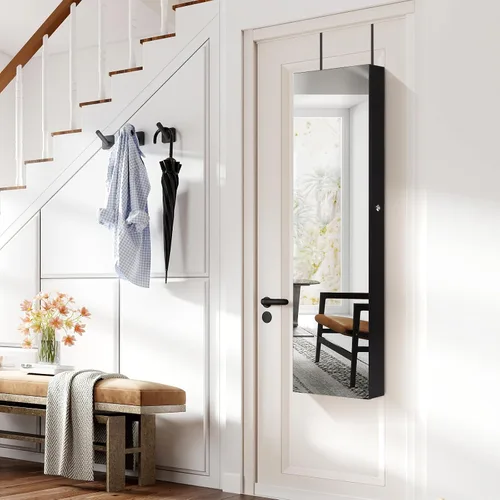 Miniatura 8 de Giantex Armario de joyería para puerta de pared con espejo de longitud completa, 2 LED con cerradura grande organizador de joyas con espejo ancho