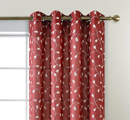 Miniatura 3 de MIUCO Cortinas semitraslúcidas bordadas florales de lino sintético con ojales para ventana, para dormitorio, 52 x 84 pulgadas, 2 paneles, borgoña