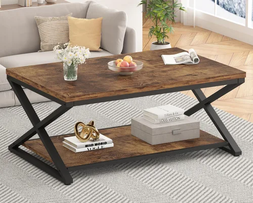 HSH Mesa de centro de madera con almacenamiento, mesa de café rústica marrón para sala de estar, mesa central moderna minimalista de 2 niveles, mesa