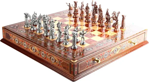 Juego de ajedrez de metal para adultos, figuras históricas antiguas de cobre Roma, piezas hechas a mano y tablero de ajedrez de madera maciza