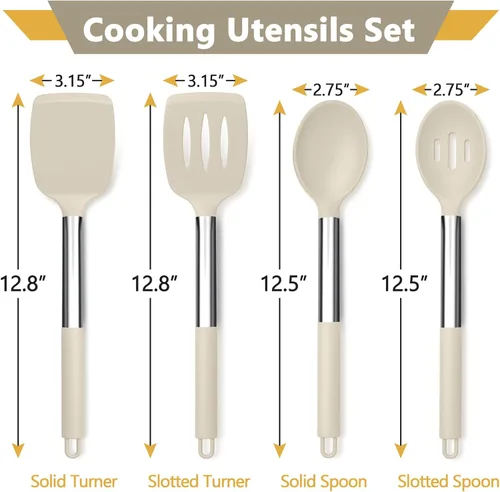 Miniatura 2 de P&P CHEF Juego de 4 utensilios de cocina de color caqui, espátulas sólidas de silicona, cucharas ranuradas para utensilios de cocina antiadherentes