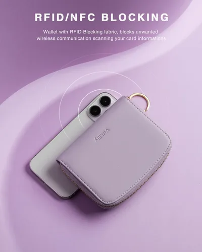 Miniatura 6 de Vulkitty Cartera pequeña para mujer con bloqueo RFID con cremallera alrededor de la funda triple compacta de cuero para tarjetas con bolsillo