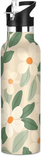 FLOWER and whites - Botella de agua natural a prueba de fugas, sin BPA, con pajilla, doble pared aislada al vacío para deportes, viajes y escuela,