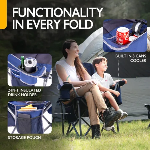 Miniatura 5 de Silla de camping plegable de gran tamaño para adultos, soporta 500 libras, tela transpirable, soporte para tazas aislado, enfriador de 8 latas