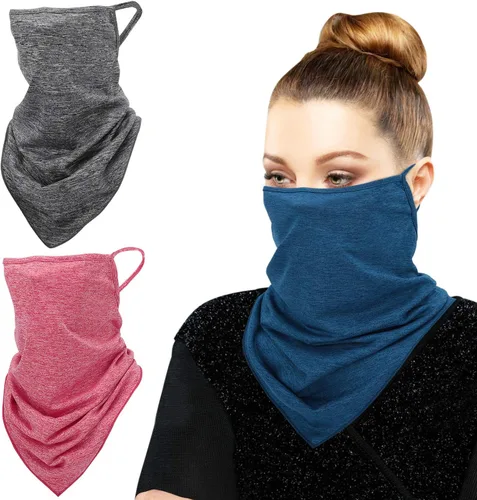 Miniatura 5 de Pañuelo bandana con cintas elásticas para las orejas, paquete de 3, pasamontañas con bolsillo para filtro, protección solar UV, máscara facial
