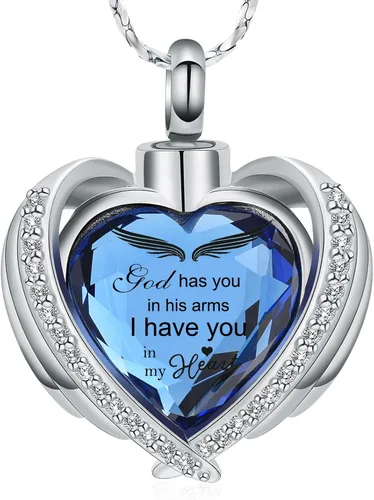 Miniatura 10 de Imrsanl Collares con Colgante de Urna de Corazón de Alas de Ángel para Mujeres y Niñas, Piedra Natal de Cristal, Joyería de Cremación, Urnas