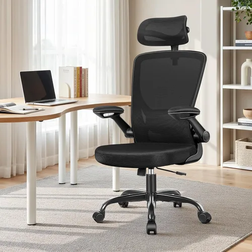 Miniatura 12 de BESTFAIR Silla de oficina ergonómica, sillas de oficina de malla transpirable con soporte lumbar ajustable, brazos abatibles, silla de escritorio