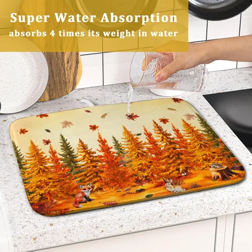 Miniatura 7 de Alfombrilla de secado de platos para encimera de cocina pequeña absorbente de café de otoño Alfombrilla de secado de microfibra de bosque de otoño