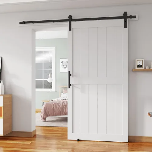 Miniatura 8 de Puerta corredera de granero de 28 x 84 pulgadas con kit de herrajes para puerta de granero de 5 pies, mango y guías de suelo, agujeros Blanco