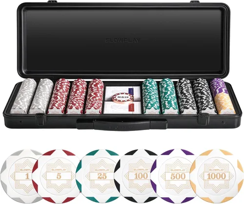 Miniatura 14 de SLOWPLAY Juego de fichas de póker de 14g de arcilla para Texas Hold'em, 500 piezas, con valores numerados, estilo Art Deco, y estuche de transporte
