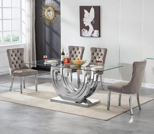 Miniatura 26 de Juego de mesa de comedor de cristal dorado moderno de 70 pulgadas para 4, juego de mesa de comedor rectangular de 5 piezas con tres patas de acero
