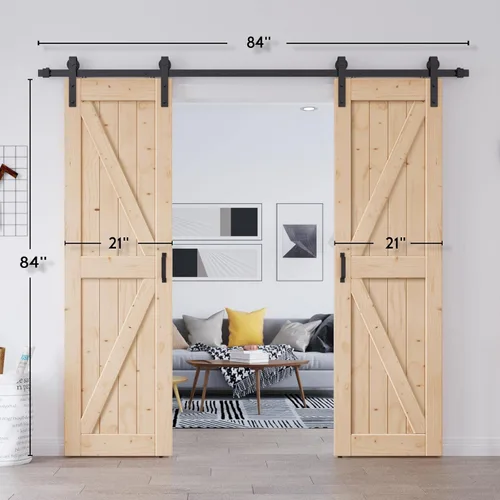 Miniatura 7 de EaseLife - Puerta de granero doble de 42 x 84 pulgadas (puerta doble de 21 x 84 pulgadas) con herrajes deslizantes de 7 pies y manija incluida