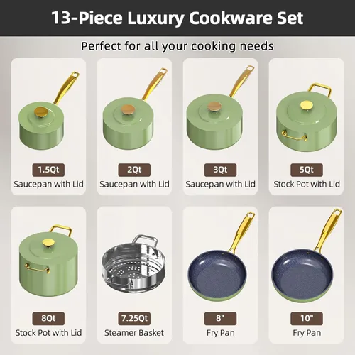 Miniatura 8 de Nuwave Lux LE - Juego de utensilios de cocina de 13 piezas con elegante mango dorado, cerámica antiadherente con infusión de diamante, sin PFAS