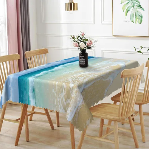 Miniatura 26 de Mantel oblongo, diseño de playa de 52 x 70 pulgadas, diseño de playa con estrellas de mar y olas de mar, con decoración impermeable y resistente a