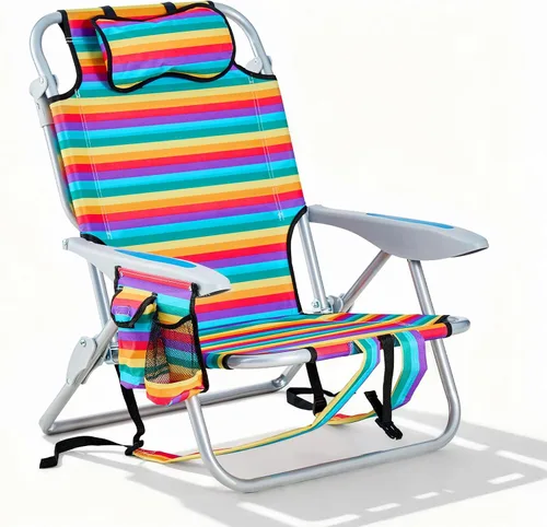 Miniatura 16 de Silla de playa tipo mochila para adultos, silla de camping plegable portátil con 5 posiciones reclinable, reposacabezas, portavasos y bolsa