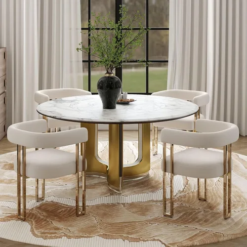 Miniatura 41 de Hyfirm Juego de 2 sillas de comedor de barril beige y dorado, modernas sillas tapizadas de terciopelo con respaldo curvado para isla de cocina