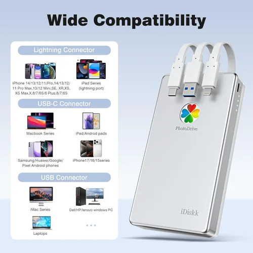 Miniatura 3 de iDiskk Disco duro externo certificado por Apple de 500 GB para iPhone, iPad, teléfono Android, MacBook, Copia de seguridad automática Fotos Videos