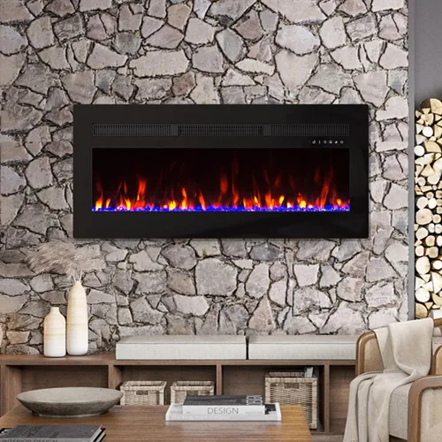 Panana Calentador eléctrico de chimenea montado en la pared o empotrado con temporizador, pantalla táctil/control remoto, color de llama ajustable y