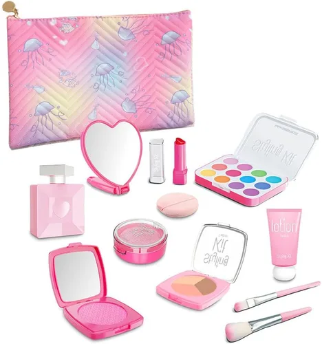 Kit de maquillaje de simulación para niñas, 12 piezas de cosméticos para niños, juego de maquillaje de belleza, no real sombra de ojos, paleta de