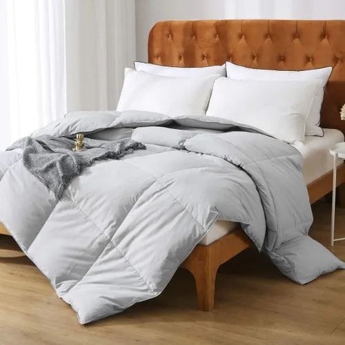 Edredón de plumas grises tamaño individual, 100% algodón orgánico, medio cálido para todas las estaciones, lavable a máquina, relleno de edredón con