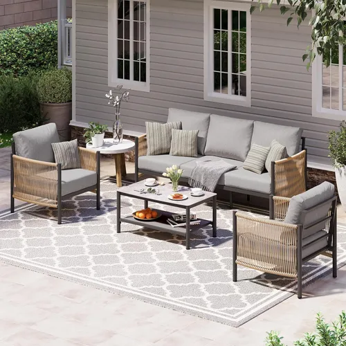 Miniatura 21 de Juego de muebles de aluminio para patio al aire libre con mesa de centro de doble capa, juegos de conversación de patio modernos de 4 piezas