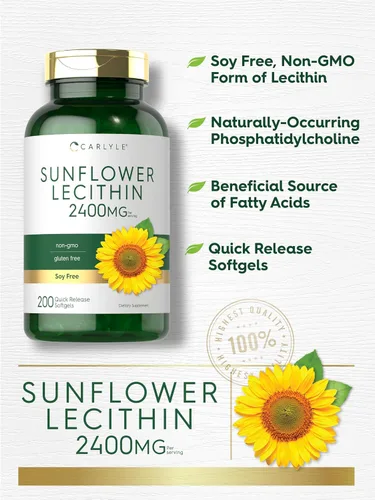 Miniatura 4 de Carlyle Cápsulas blandas de lecitina de girasol 2400 mg 200 píldoras Ricas en fosfatidilcolina Sin OMG, sin soja, suplemento sin gluten