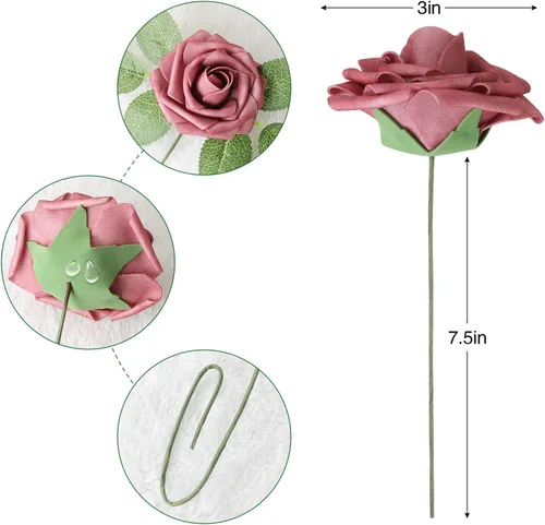 Miniatura 2 de AmyHomie Flores artificiales rosas rojas, 25 rosas falsas de aspecto real con tallo para ramos de boda, centros de mesa, arreglos de fiesta, baby