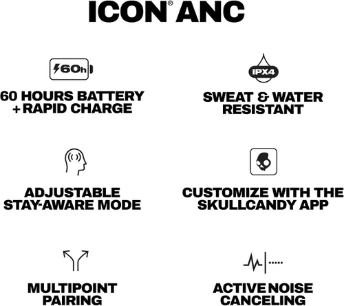Miniatura 9 de Skullcandy Icon ANC - Auriculares inalámbricos con cancelación activa de ruido, Bluetooth, para la oreja, 60 horas de batería, resistentes al sudor