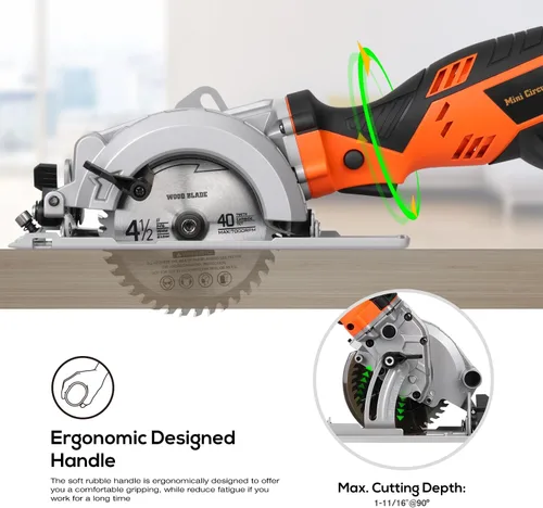 Miniatura 2 de Power Circular Saw,5.8A Mini Circular Saw,3500RPM Corded Saw Equipped with 2 Pcs 4-1/2" Blades，Maximum Cutting 1-11/16" at 90° and 1-1/8"at 45° for