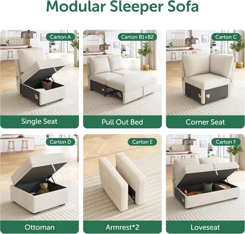 Miniatura 4 de HONBAY - Reposabrazos modulares para sofá cama modular, par de reposabrazos para sofá cama modular, color beige