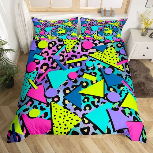 Miniatura 21 de Juego de funda de edredón retro de los años 80 y 90 para hombres y niños, tamaño matrimonial, con formas geométricas redondas triangulares, funda